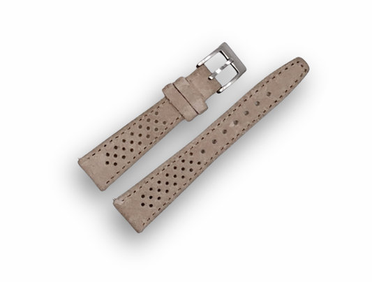 Beige suede perforated leather racing watch strap with silver stainless steel buckle