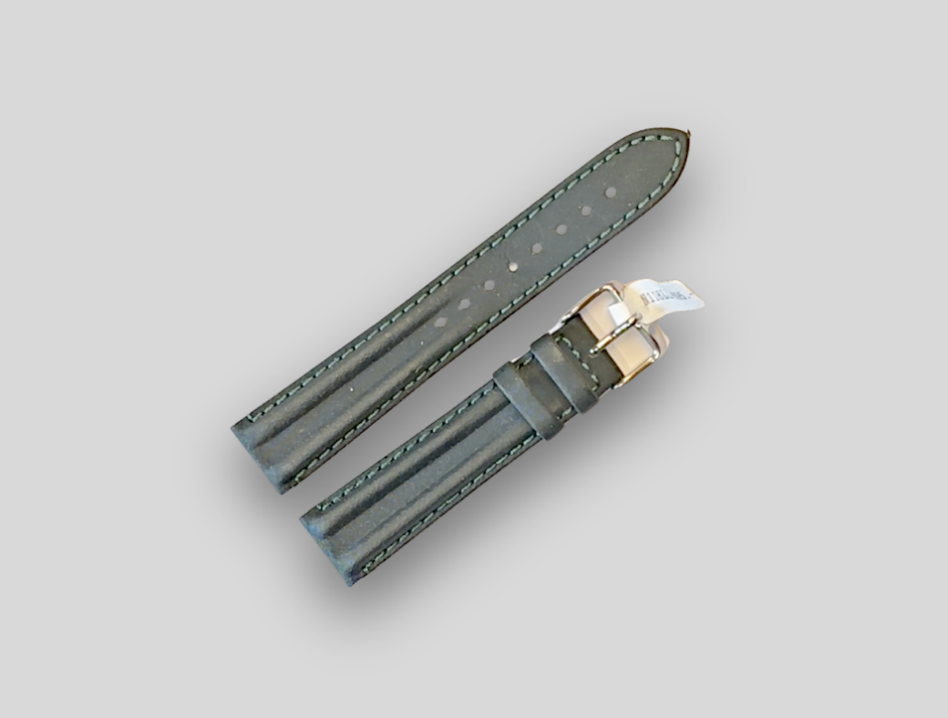 Gray watch strap with gold clasp on a light gray background