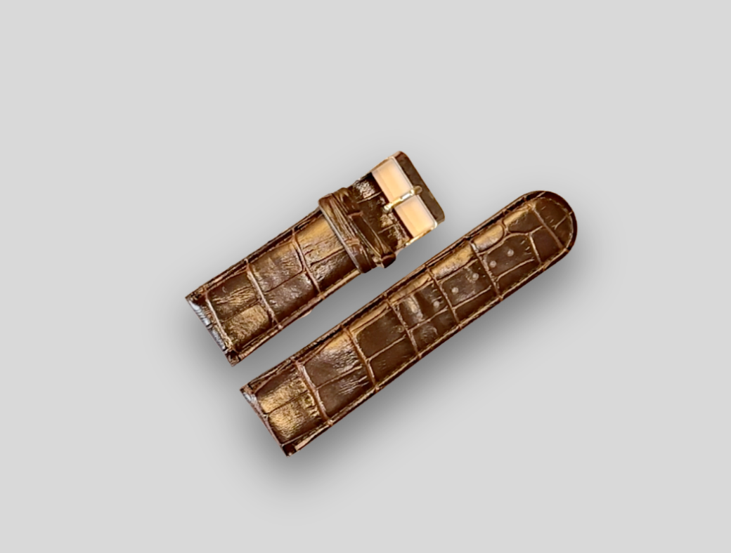 Brown crocodile-patterned watch strap on a light gray background