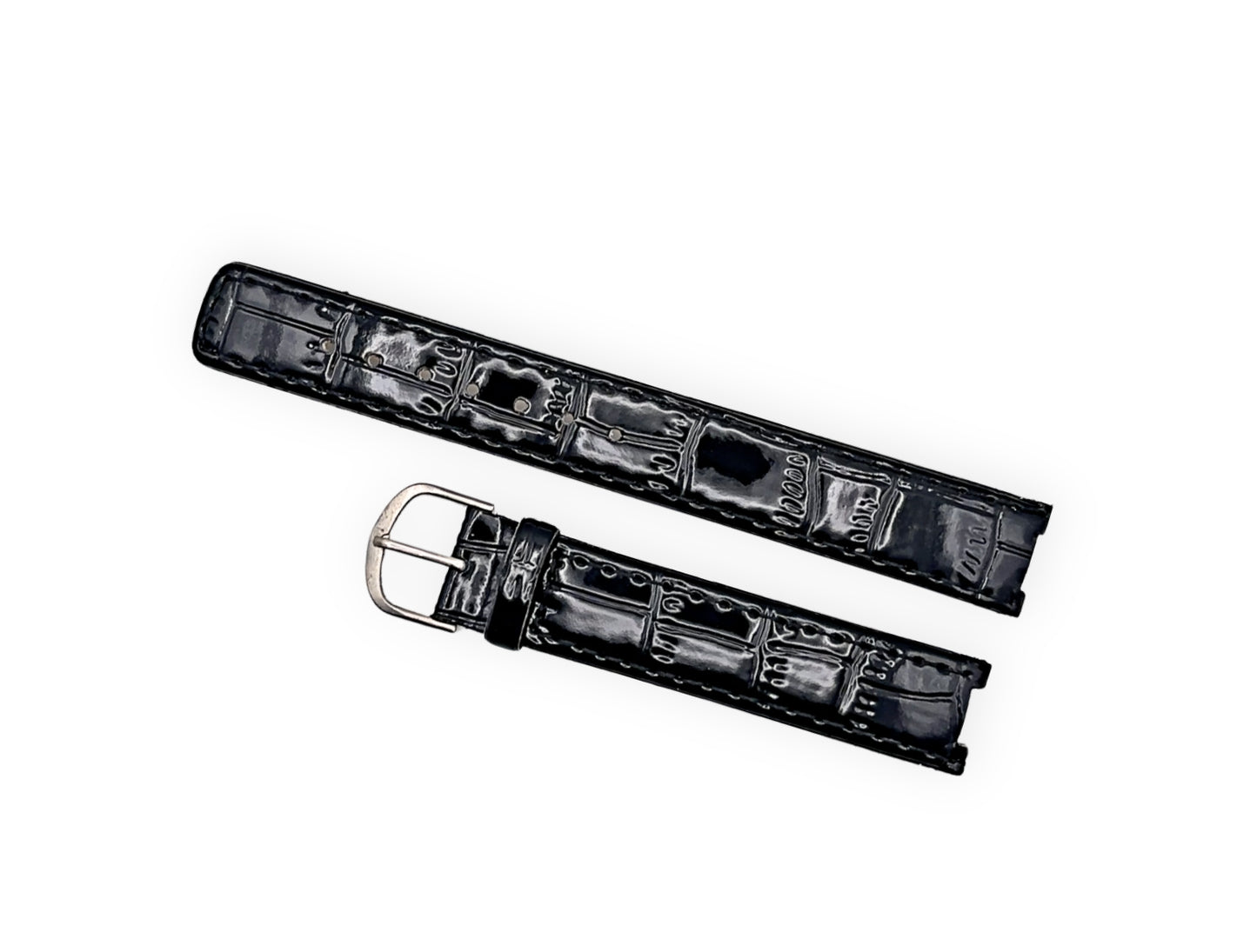 Shiny black leather strap croco grain 16mm