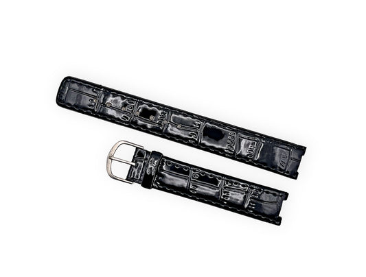 Shiny black leather strap croco grain 16mm