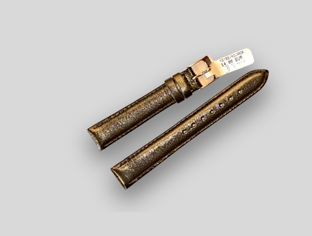 Bronze watch strap with rose gold clasp on a light gray background