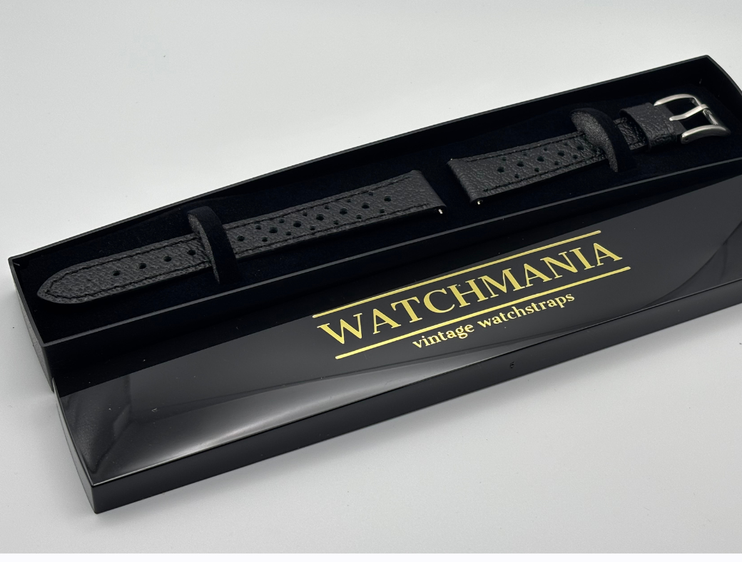 Black racing watch strap in a shiny 'Watchmania' box 